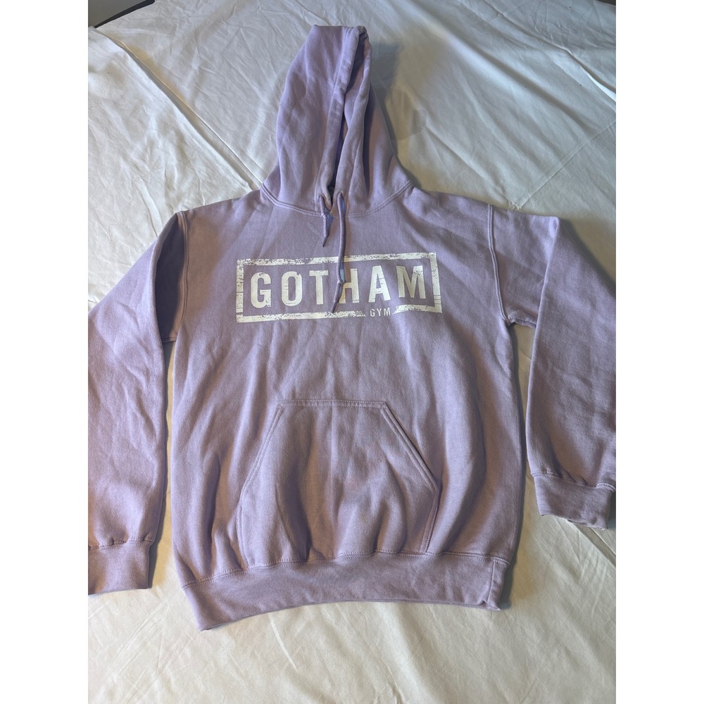 Gildan Gotham Gym Hoodie Unisex Small Purple Excellent Graphic Sweatshirt